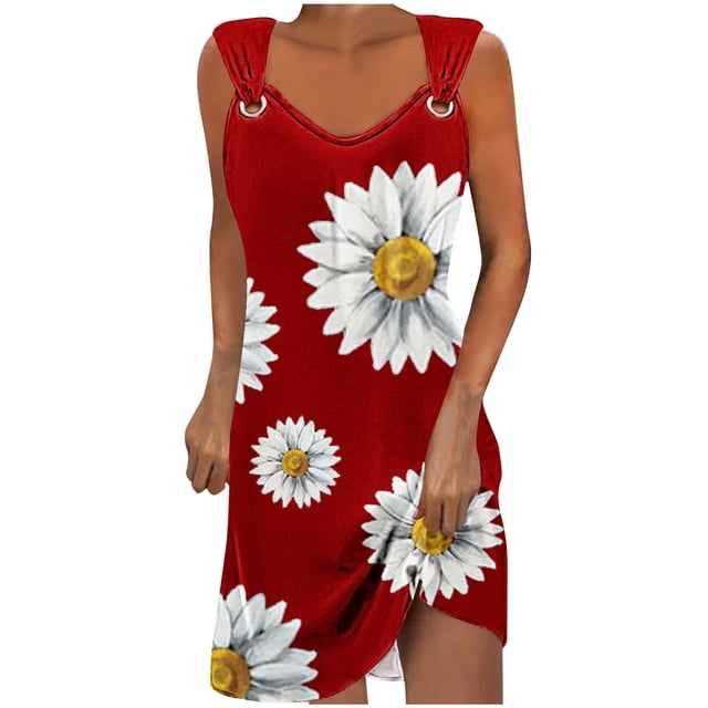 Penkiiy Robes de Printemps pour Femmes 2024 Décontractées Imprimées Amples Sans Manches Couleur Unie Col Rond Tempérament Élégantes Robes Dos Nu L Rouge