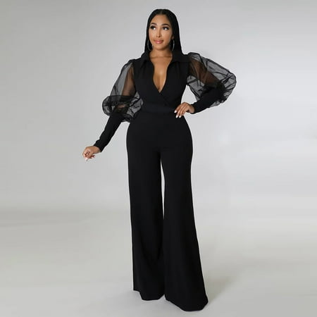 

Aayomet Bodysuit For Women Jumpsuit Womens Jumpsuits Long Sleeve Mesh V Neck Casual Style Long Sleeve Rompers Wide Jumpsuits Black L