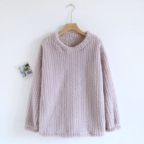 Pijama de manga larga para mujer, de invierno, de color liso, de franela gruesa con forro polar añadido, de manga larga, cálido, para el hogar, de poliéster.
