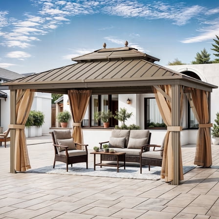 Dextrus 10' x 12'  Hardtop Gazebo with Netting & Curtains, Heavy Duty Double Roof Galvanized Steel Garden Tent for Patio, Backyard, Bronze