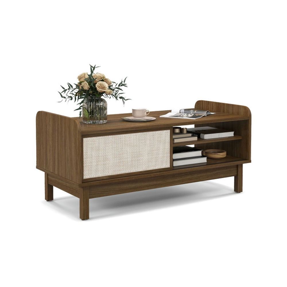 Finihen Coffee Table, Open Storage Shelf, Mid-Century Center Table with Storage and Weaving Sliding Door & Adjustable Shelf, for Home, Office, Living Room, Walnut Finihen Coffee Table, Open Storage Shelf, Mid-Century Center Table with Storage and Weaving Sliding Door & Adjustable Shelf, for Home, Office, Living Room, Walnut