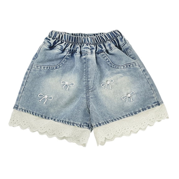 Afuyipoi Girls Jean Shorts,Side Pockets Lace Bow Breathable Stretch Denim Shorts Blue 3-4