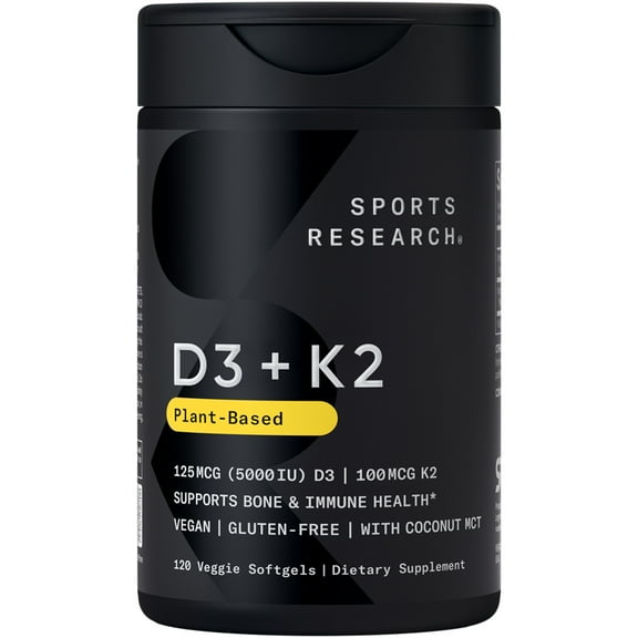 Sports Research® Vitamin D3   K2 5000iu Plant-Based D3   100mcg Vitamin K2 as MK-7 - (120 Softgels)