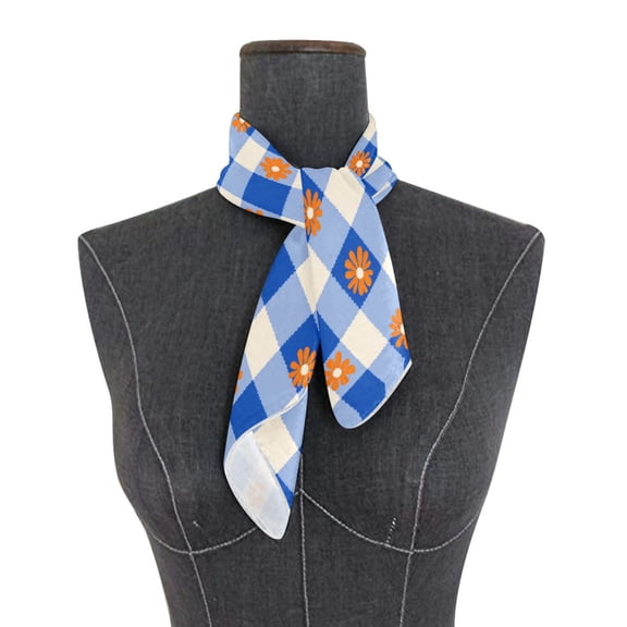 Square Scarf 24x24 Inch Orange Flowers on Checkered Pattern Silky Satin Sun Protection Neck Scarf for Women Multi-Purpose Head Wrap Bandana for Hair Bag Decoration
