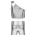 thumbnail image 2 of Moggemol Kids Girls Dance Outfits Shiny Metallic Crop Top with Boy Shorts Set Jazz Street Dance Silver 130, 2 of 7