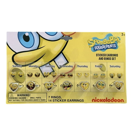 7 Days Spongebob Squarepants Sticker Earrings And Jewelry Adjustable Rings Set