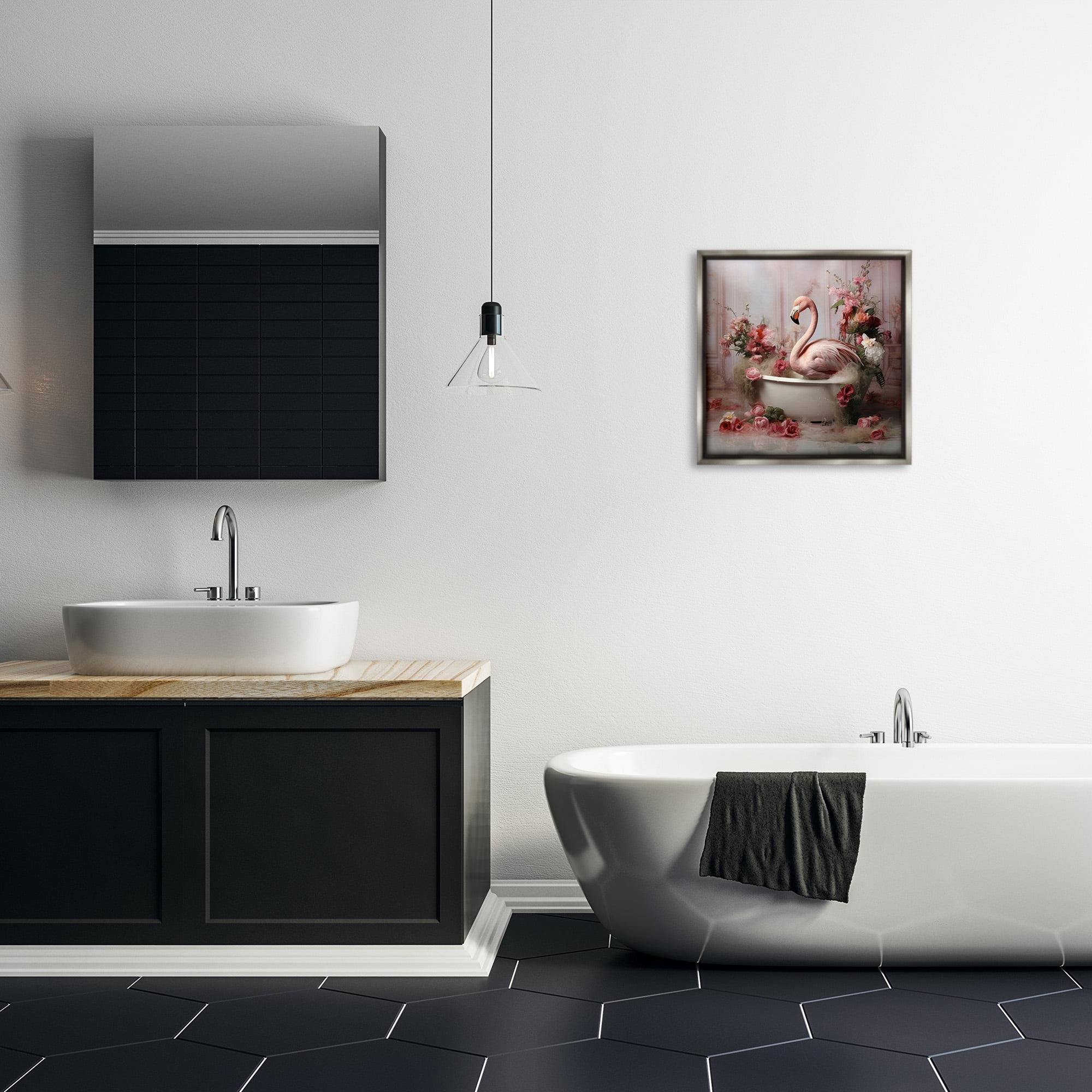 Stupell Industries Flamingo in Stately Bathroom Animals & Insects Painting Gray Floater Framed Canvas Art Print Wall Art, 18 x 18