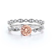Dazzling Boho & hippie 1.75 Carat Round Cut Morganite And Diamond Moissanite Classic Inspired Engagement Ring, Unique Twist Band Wedding Ring in 10k Solid White Gold, Promise Ring, One Matching Band