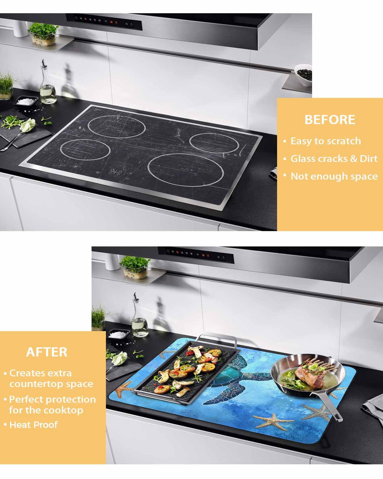 nqOlkjepod Large Induction Cooktop Protector Mat 36"x21", Turtle Blue Stove Top Covers for Electric Stove, Coastal Ocean Retro Starfish Sea Decorative Stove Burner Cover Mats, Glass Top Stove Cover