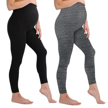 Black and Grey Maternity Leggings Soft Solid Stretch Seamless Tights One Size Fits All Active Wear Yoga Gym Clothes (Maternity - One Size Fits All, - 2 Pack - Black and Space Grey Maternity