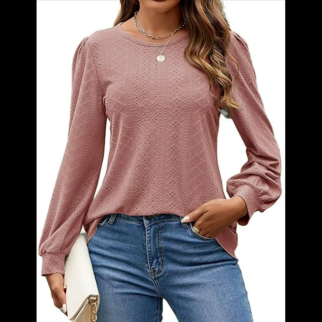 Blusas de Larga con Ojales para Mujer, -Otoño 2025, Cuello Redondo, Blusas Informales Holgadas, Conjuntos de Moda. Rosa XL