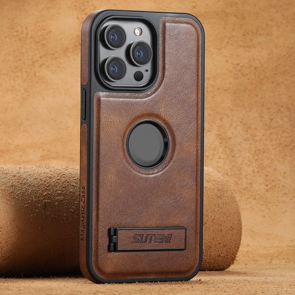 ELEHOLD for iPhone 12 Pro / 12 Rugged Magnetic Premium Leather Hidden Stand Case Logo Cutout View Compatible with Mag Safe & Magnetic Car Mount Holder Shockproof Protection Cover,Brown