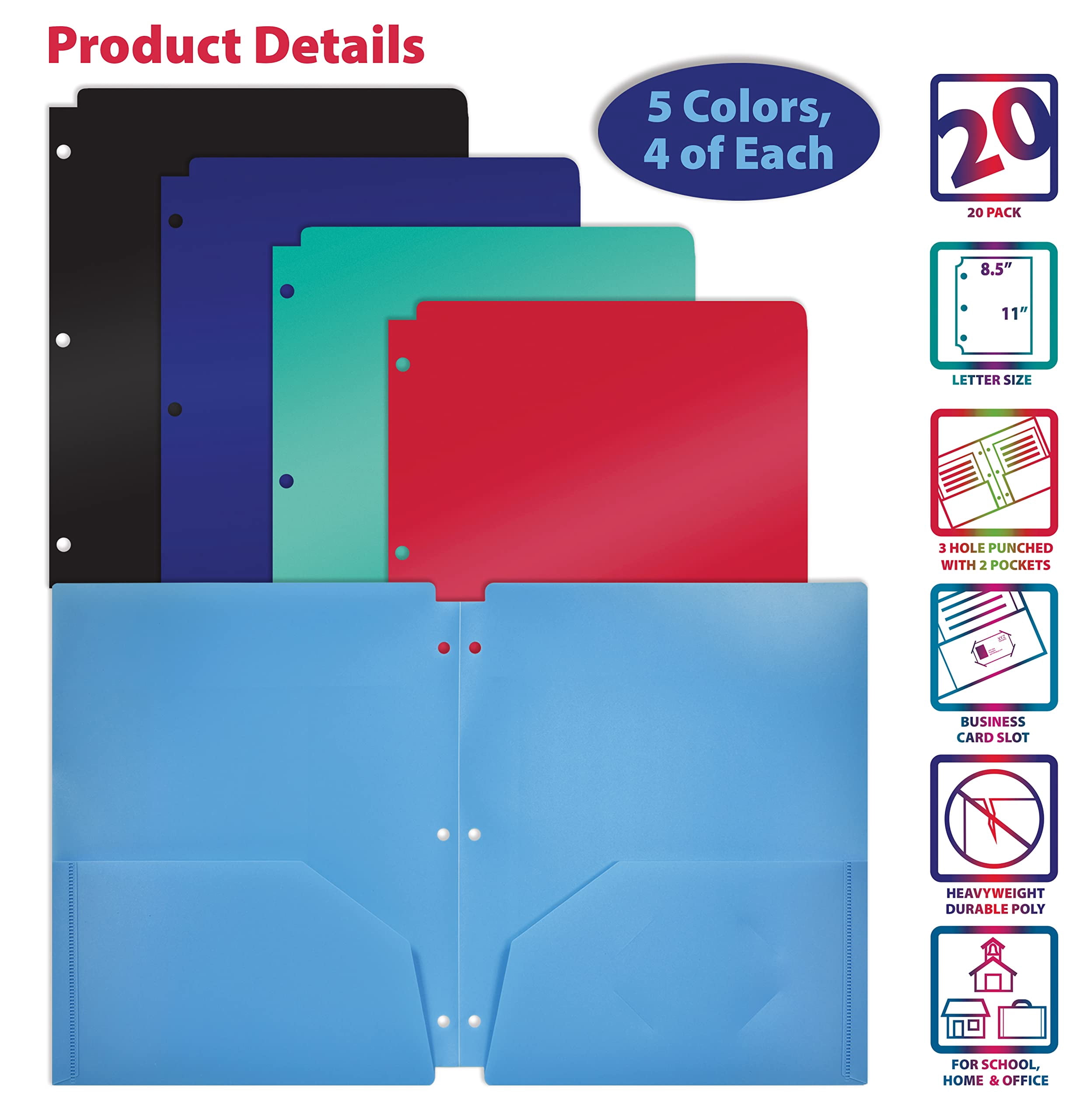 3 Hole Punch Pocket Folders, 20 Pack Bulk Folders, Sturdy Plastic 2 Pocket Folders, Assorted Primary Colors, Letter Size, with Business Card Slot, by Better Office Products, 20 Count