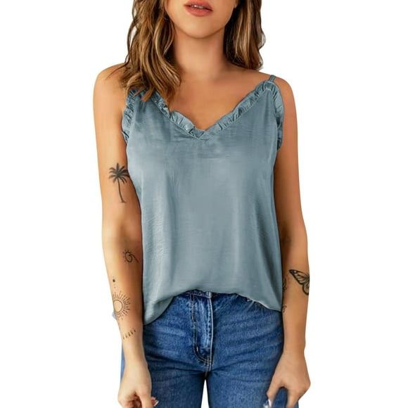 Cathalem Tank Tops for Women 2024 V Neck Double Lined Ruched Corset Cute Cropped Sleeveless Cami Summer Outfit Going Out Top,Blue S