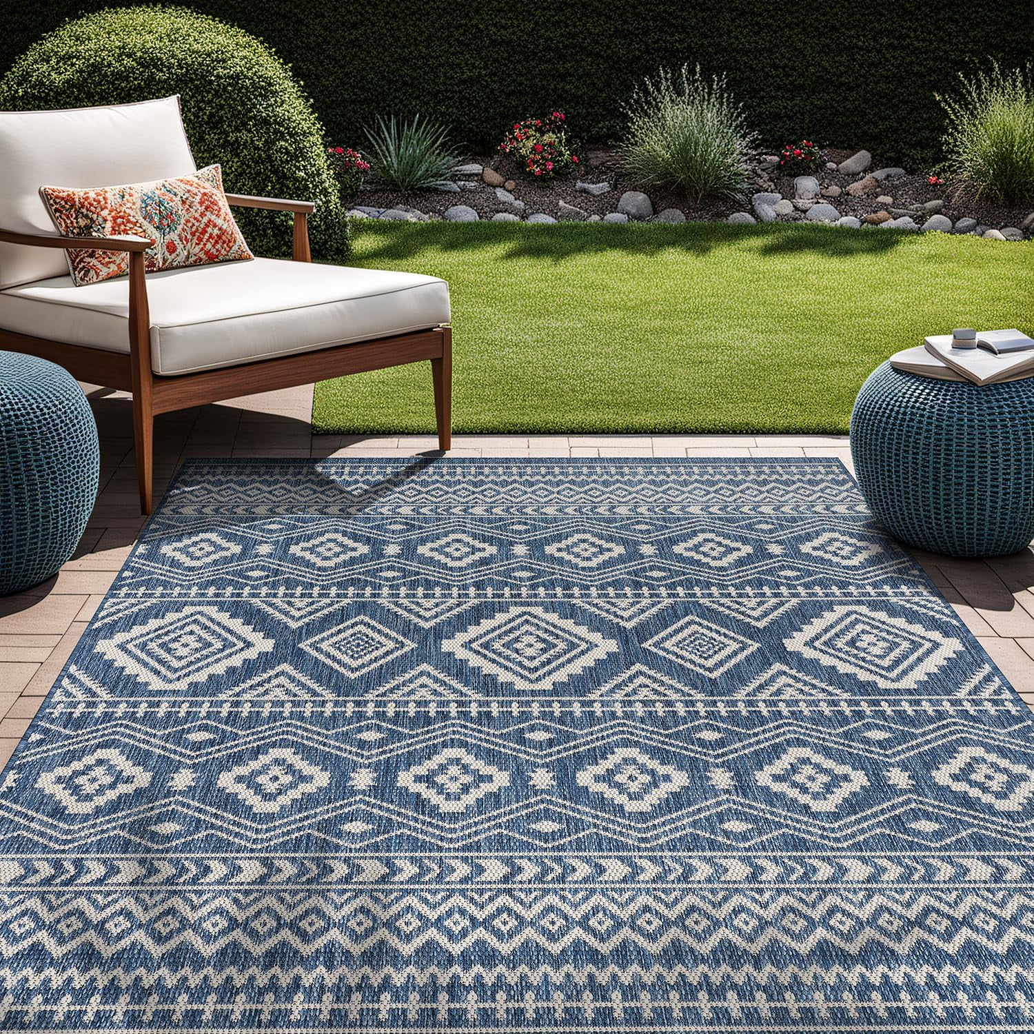 Beverly Rug Outdoor Area Rugs, Waterproof Patio Porch Garden Carpet,Azure and White, 10'x14'