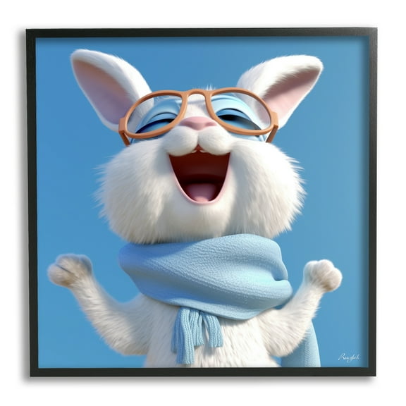 Stupell Industries Happy Rabbit in Blue Animals & Insects Painting Black Framed Art Print Wall Art, 12 x 12