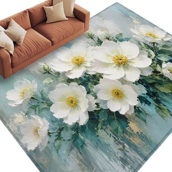 White Floral Area Rug 5x7 Washable Rug Non Slip Modern Abstract Flowers Teal Green Leaves Large Area Rug Soft Stainresistant Indoor Floor Carpet for Living Room Bedroom Home Office Dining Room