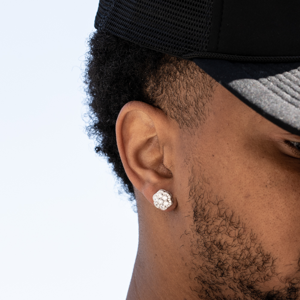 Large White Gold 925 Sterling Silver Flower Cluster Hip Hop Stud Screw Back Earrings