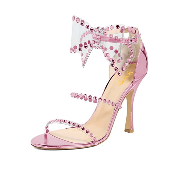 XYD Women Bling Rhinestones Round Open Toe Sandals Oversized Bow Ankle Strap Clear High Heels Fashion Pump Shoes Size 7 Pink