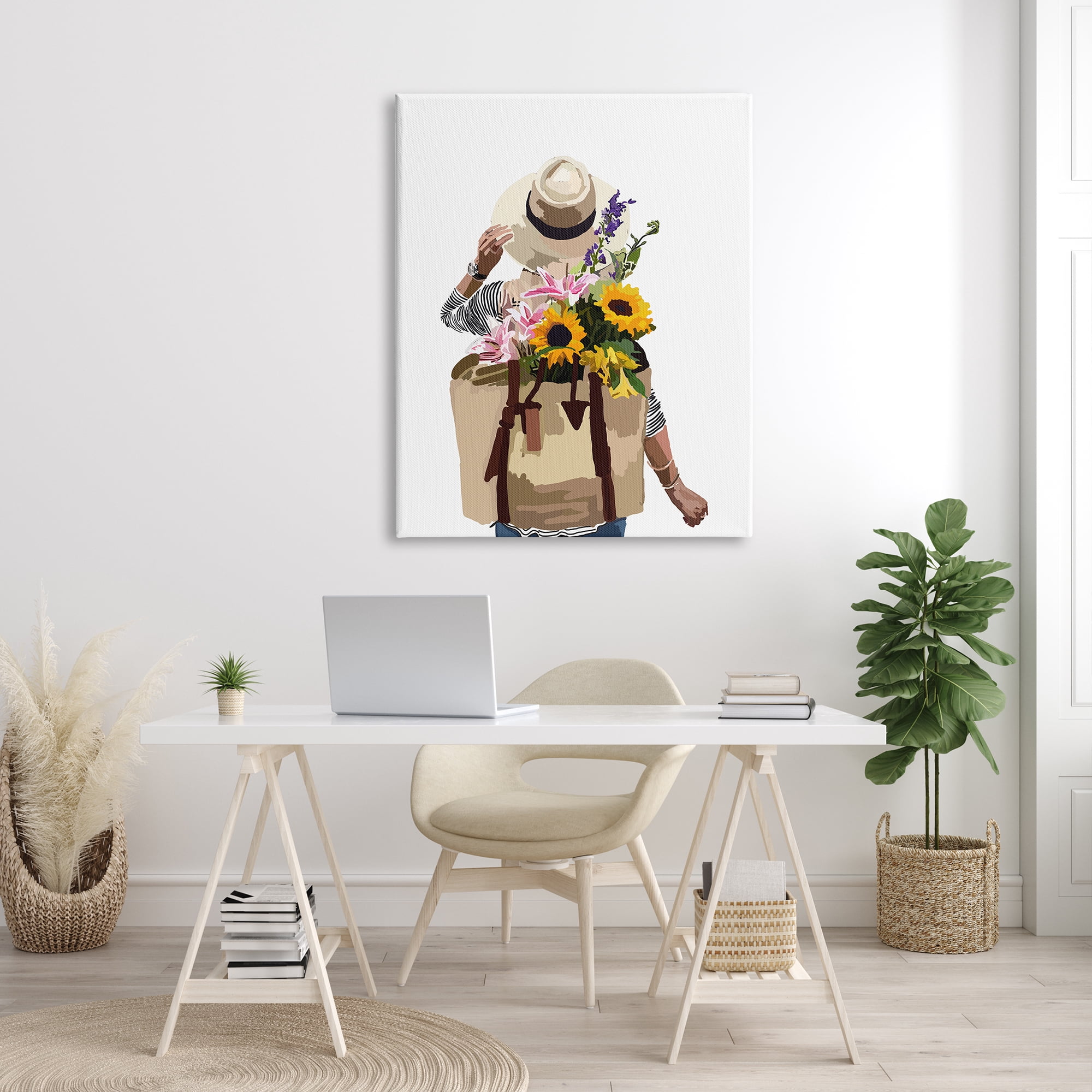 Stupell Industries Woman Carrying Floral Backpack Varied Sunflower Blossoms Graphic Art Gallery Wrapped Canvas Print Wall Art, Design by Amelia Noyes