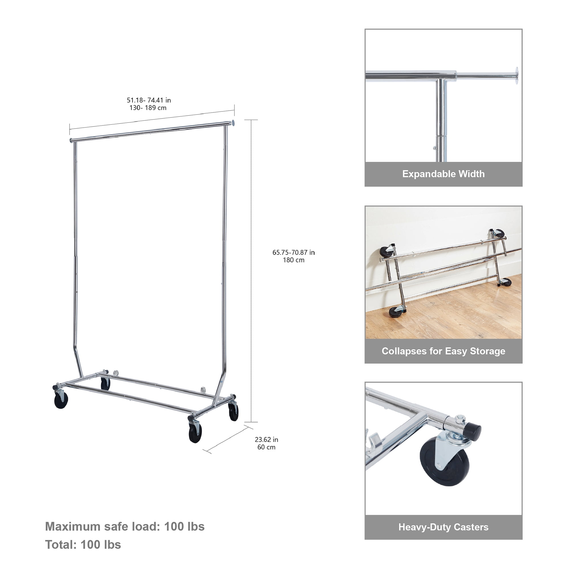 Better Homes & Gardens Folding Rolling Adjustable Garment Rack, Chrome