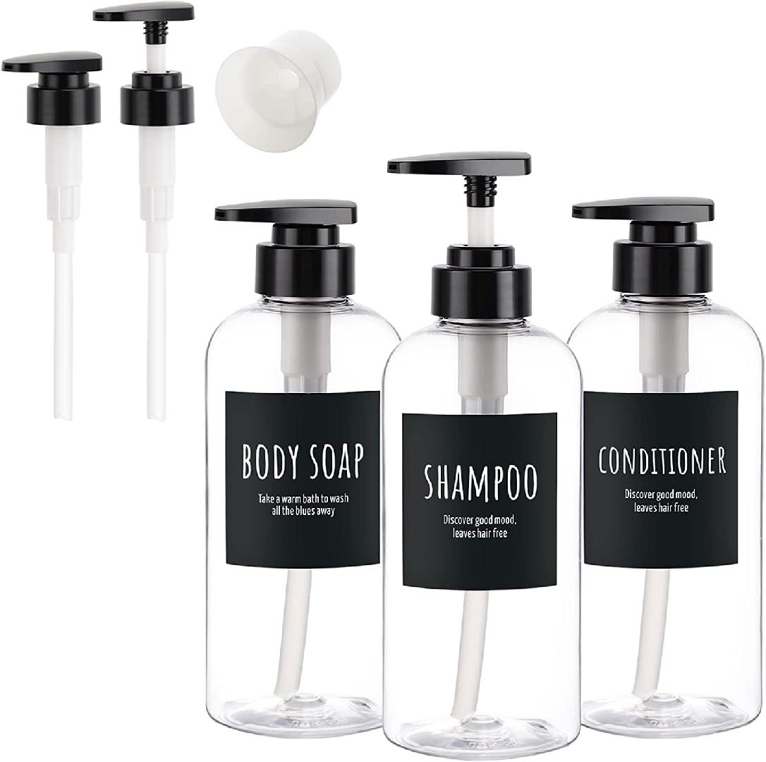 Shower Bottles with 2 Extra Pumps, 3 Packs of 16.9oz Shampoo and