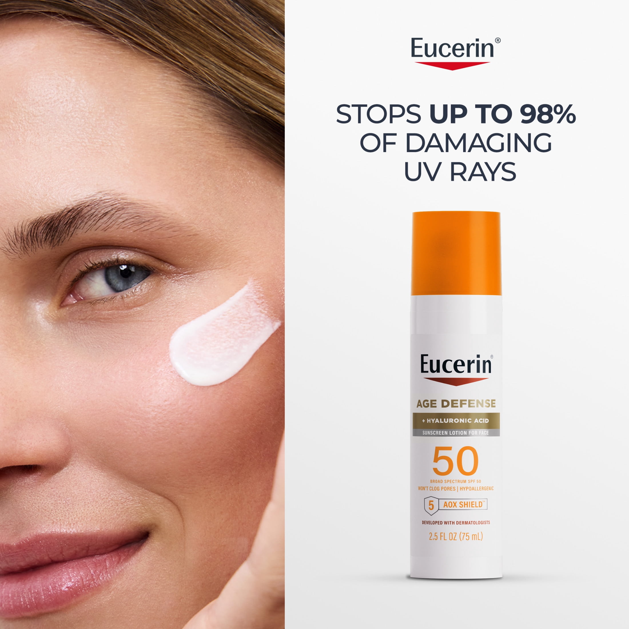 Eucerin Sun Age Defense Face Sunscreen Lotion SPF 50 with Hyaluronic Acid, 2.5 fl oz