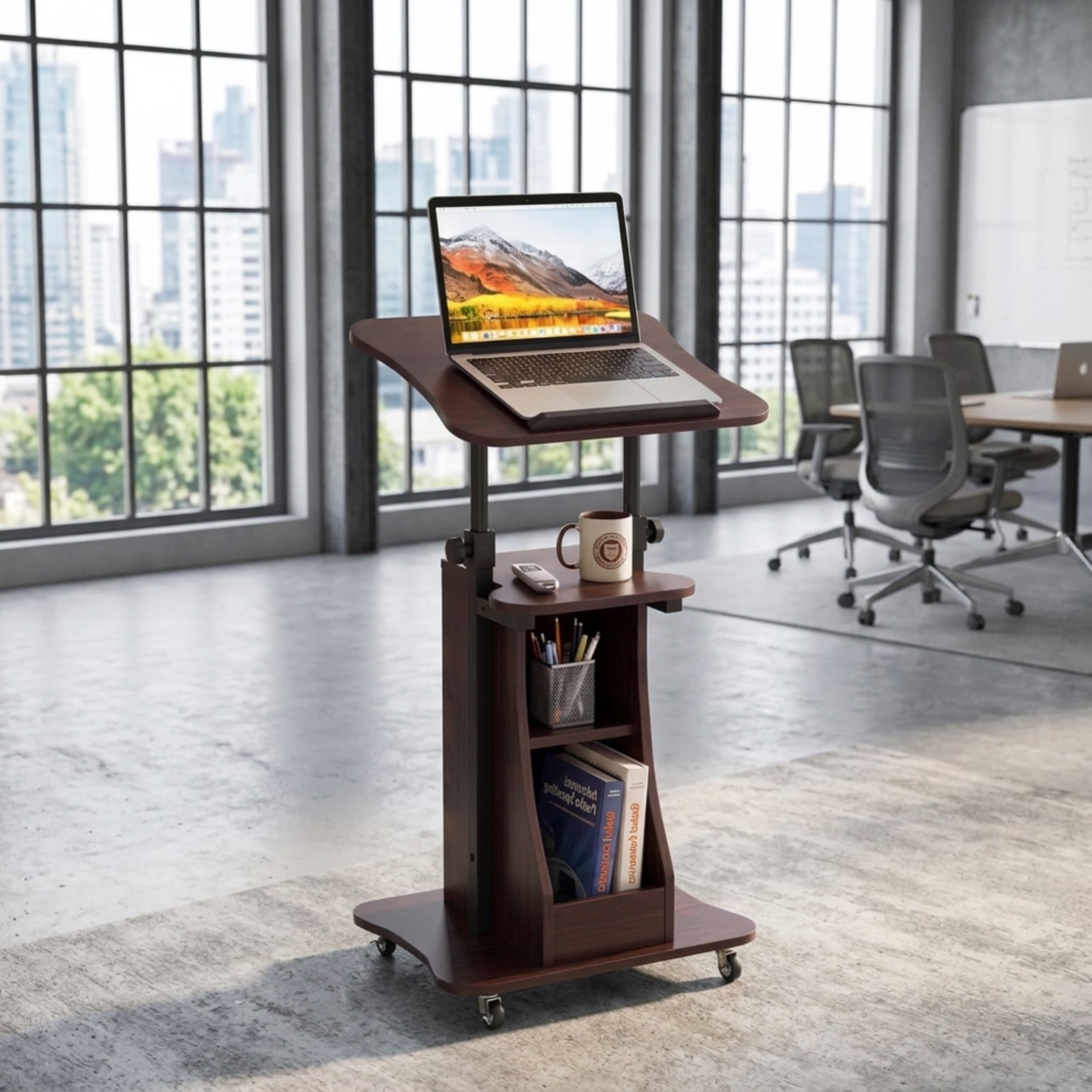 Furnibear Mobile Podium Stand Height Adjustable Laptop Cart with Tilting Tabletop Lockable Wheels and Storage Compartments for Office, Brown