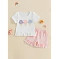thumbnail image 3 of BemeyourBBs Toddler Baby Girl Summer Clothes Infant Baby Girls 2 Pieces Outfit Ice Cream Embroidery Short Sleeve T Shirt Tops Plaid Print Ruffled Shorts Set, 3 of 8