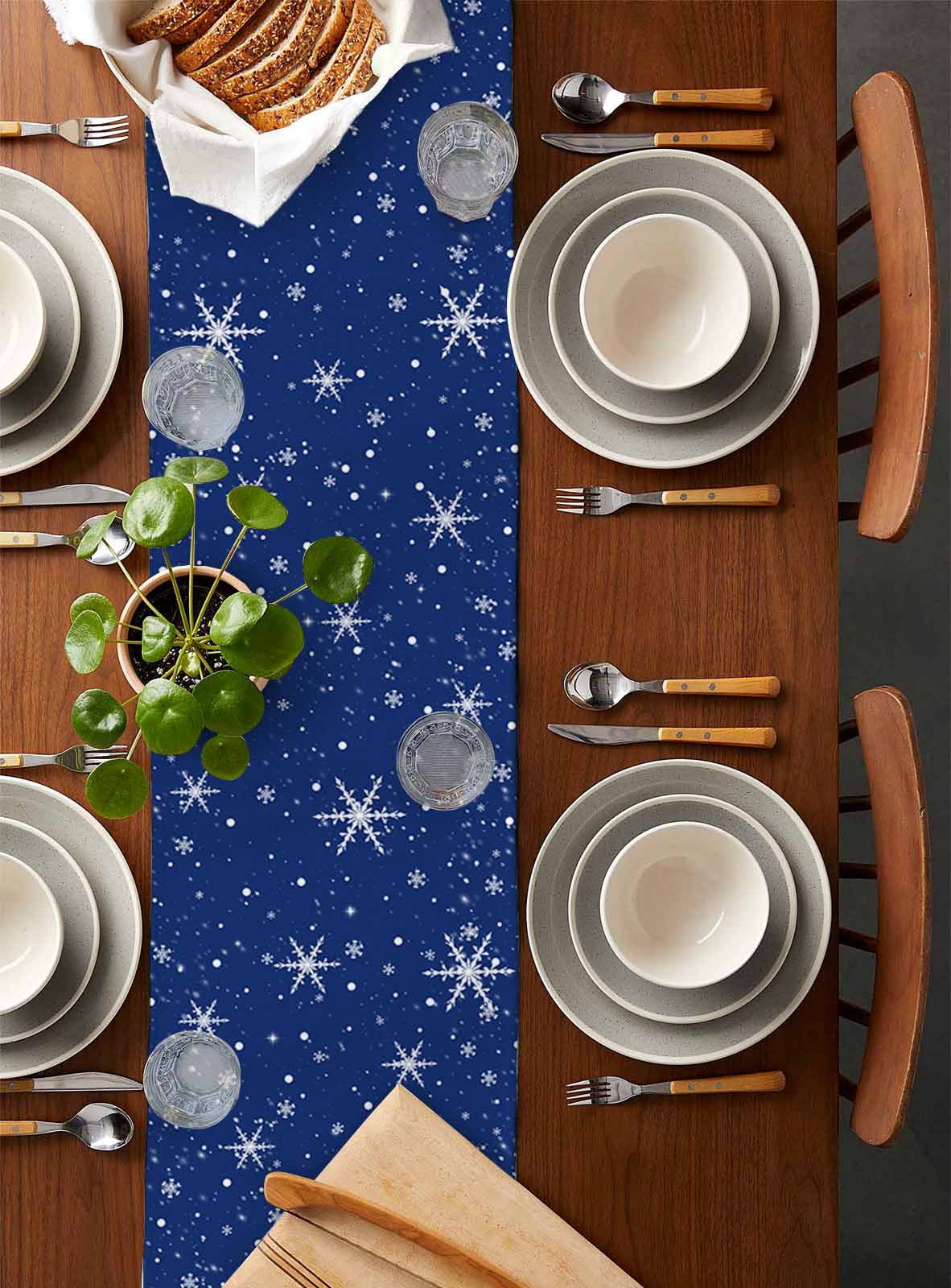 Ldtrchee Navy Blue Christmas Tree Table Runner 70 Inches, Balls Snowflake Xmas Tree Bed Runner Dresser Scarves Tabletop for Indoor Outdoor Parties/Ceremony/Banquet, 13" x 70"