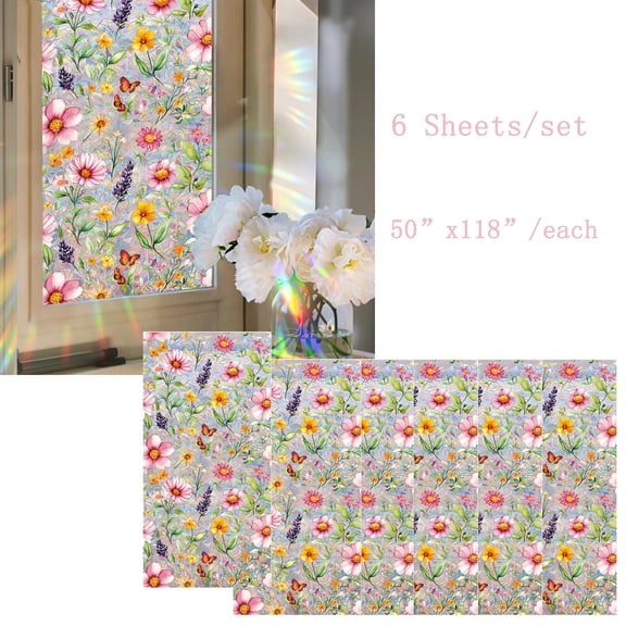 Window Privacy Film - Floral Stained Glass Window Film Static Cling UV & Heat Blocking Rainbow Window Film for Glass Doors, Bedroom Windows - No Glue Premium Vinyl-17.7"x39.4"