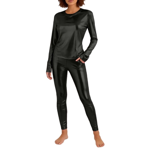 QHFBli Women's Metallic T-Shirt and Legging Trousers Round Neck Long Sleeves Shining Disco Tee Top Pant Neck Jumpsuit Outfit
