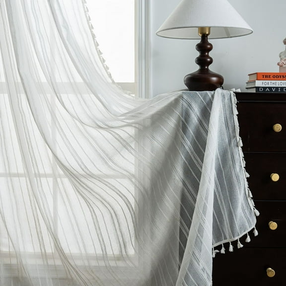 Linen Curtain for Bedroom Living Room, Rod Pocket Rustic Farmhouse Bohemian Tassels Window Treatment, 1 Panel