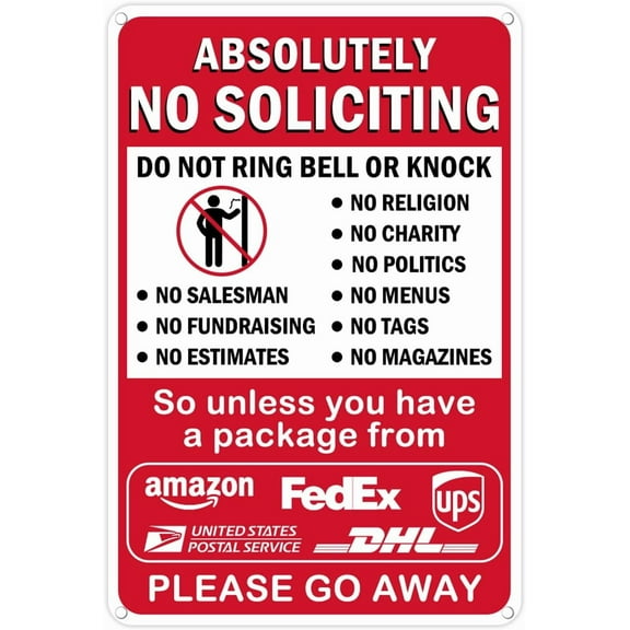 8 x 12 in Metal Tin Sign - Absolutely No Soliciting Sign for House - Do Not Ring Bell or Knock, Large Work from Home on No Soliciting Metal Go Away Yard Signs for Front Door Home, Sun-Proof