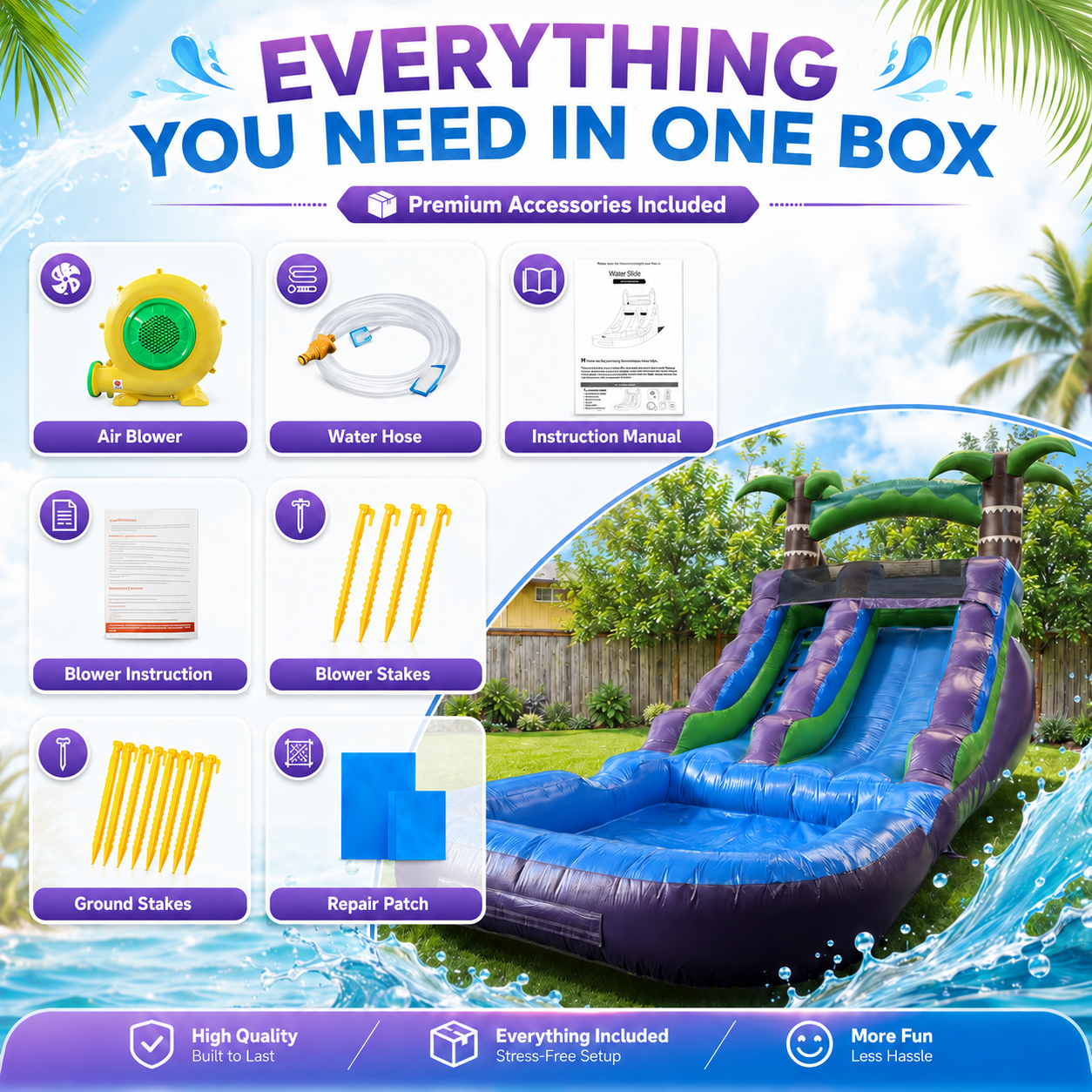 21ft Commercial-Grade PVC Inflatable Water Slide with Splash Pool & Blower, Wet/Dry Backyard Water Slide for Kids Summer Parties, Blue & Purple