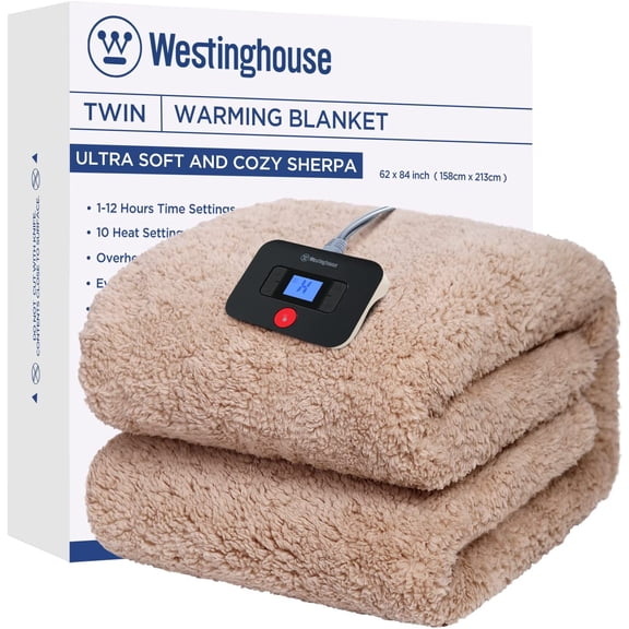 Westinghouse Electric Blankets Heated Throw Soft Cozy Sherpa Heating Blanket, 10 Heat Settings & 1-12 Hours Time Setting Camel Printing 62x84in,Camel