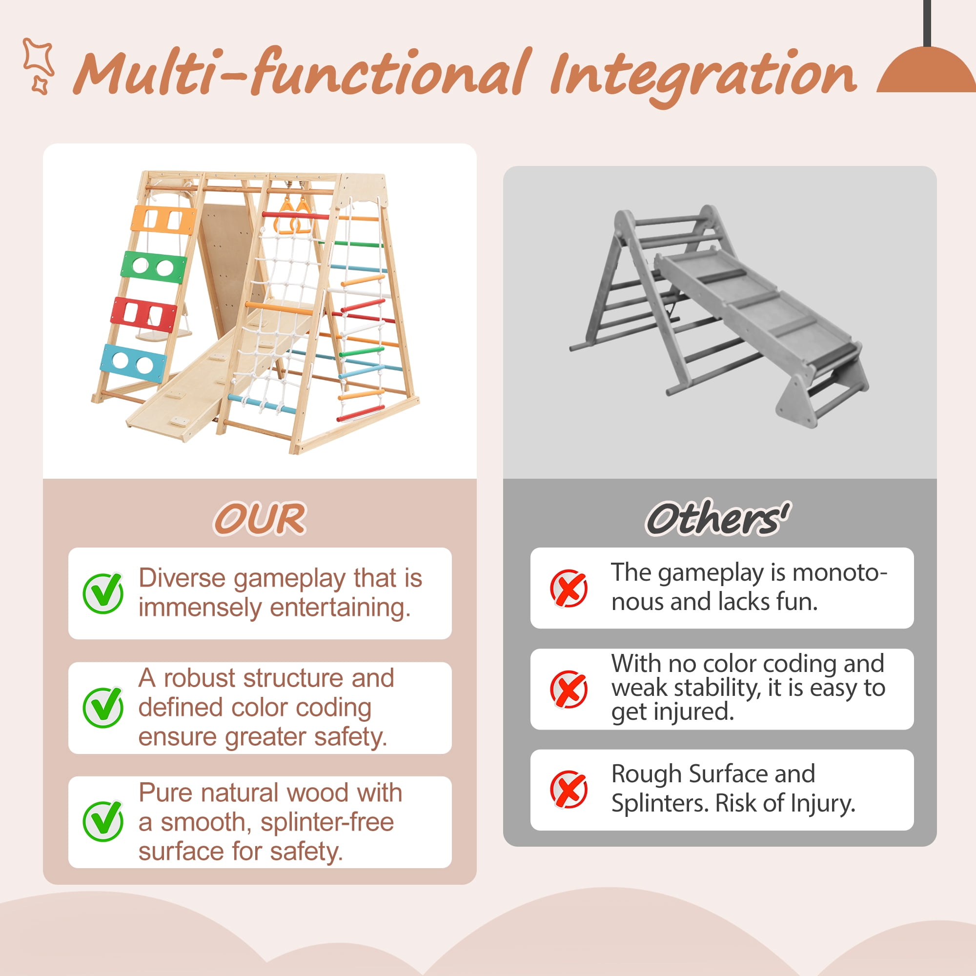 EUROCO 9-in-1 Wooden Jungle Gym for Toddlers, Indoor Montessori Climbing and Slide Set with Climbing Rock, Climbing Net, Swing, Gymnastics Rings