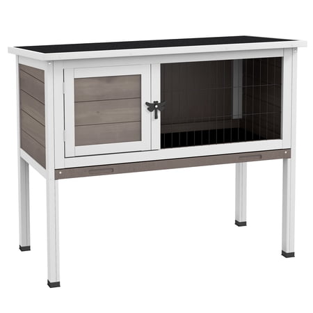 PawHut Elevated Wooden Rabbit Hutch Indoor/Outdoor Bunny Cage with Hinged Asphalt Roof and Removable Tray for Single Dwarf or Guinea Pig Brown