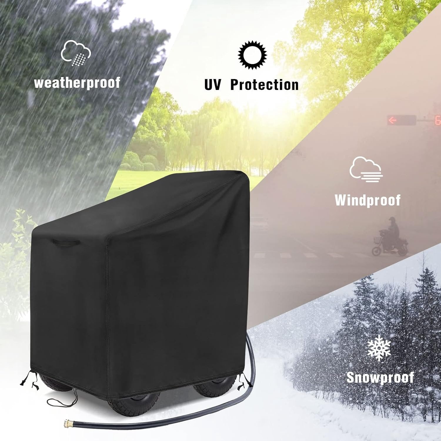 Garden Hose Reel Cart Cover, 600D Outdoor Hose Cart Covers for outside,  Anti-UV Hose Reel Cover,  Season Protection-30.3"L x26.3"Wx 35"H