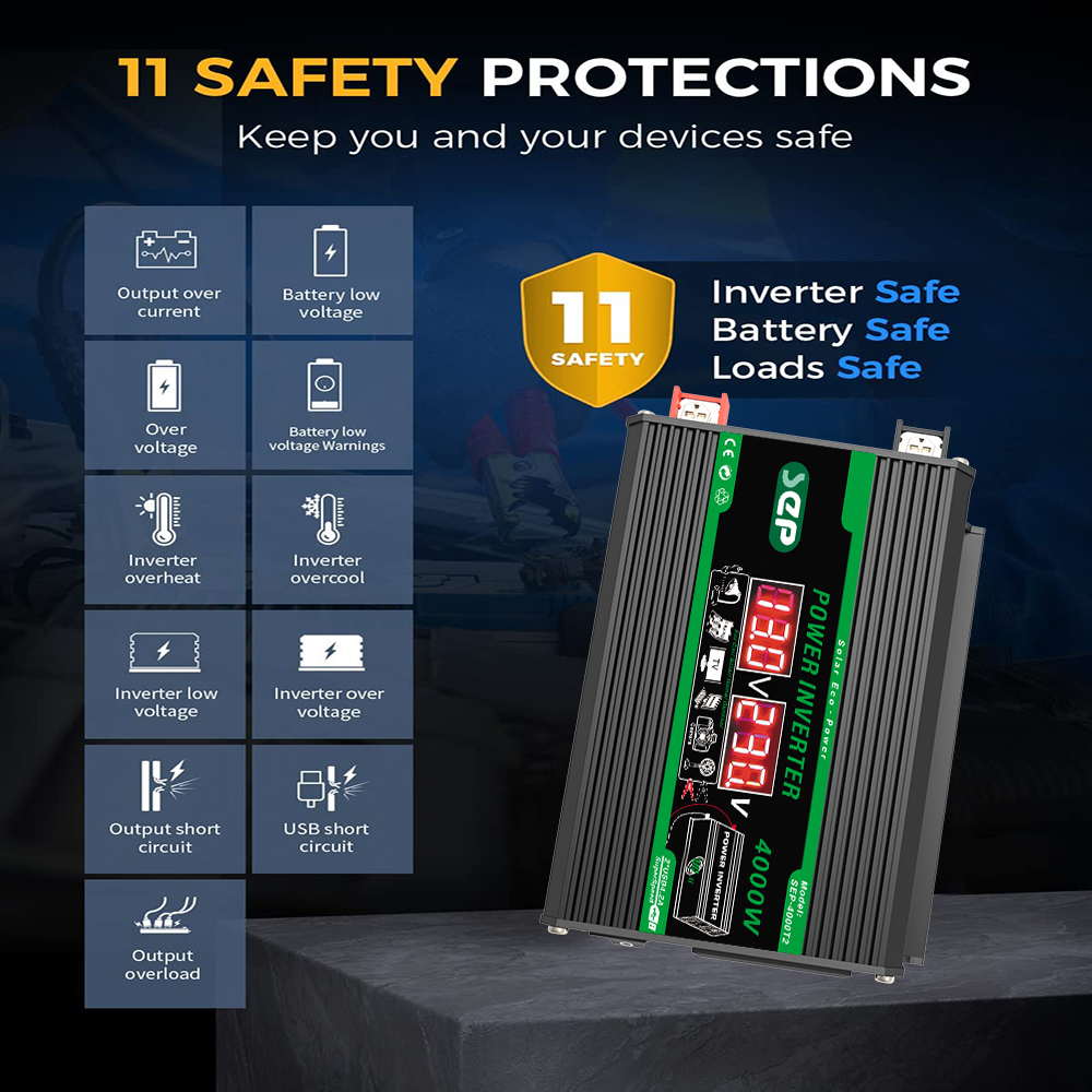 4000W Dual Digital LCD Display Solar Inverters DC 12V To AC 110V 220V Portable Power Bank Car Converter for Camping RV (12V-220V)