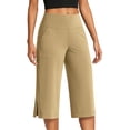 thumbnail image 2 of Women's High Waist Wide Leg Capri Pants Stretchy Workout Yoga Trousers Casual Athletic Lounge Pants with Pockets & Side Slits Khaki S, 2 of 7