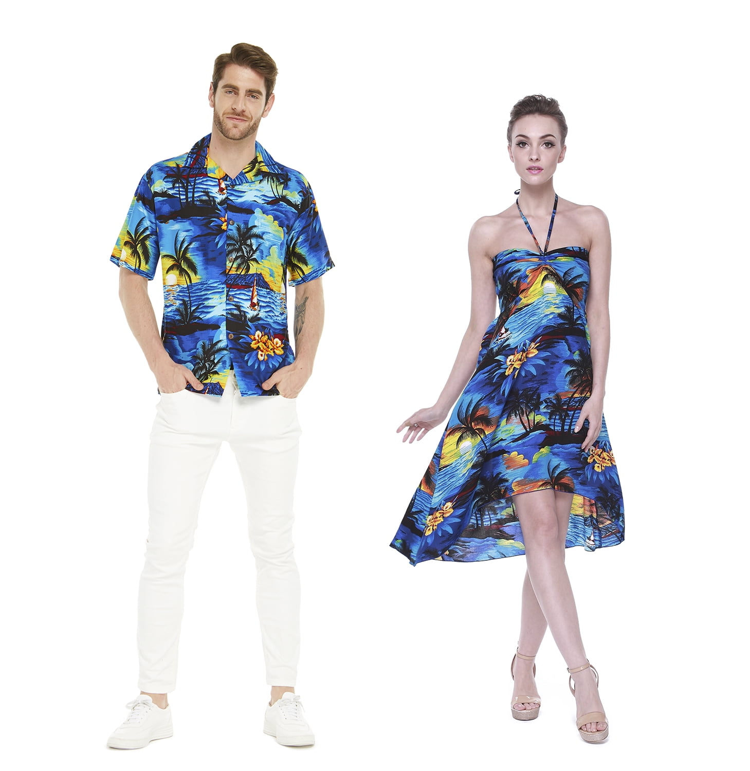 Couple Matching Hawaiian Luau Party Outfit Set Shirt Dress in Sunset Blue -  