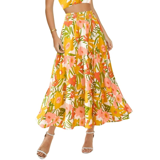 Faldas largas BTFBM con estampado floral para mujer 2025, casual, casual, aline, cintura alta, plisadas y fluidas, falda larga con bolsillos (floral, blanco y amarillo, XXL)