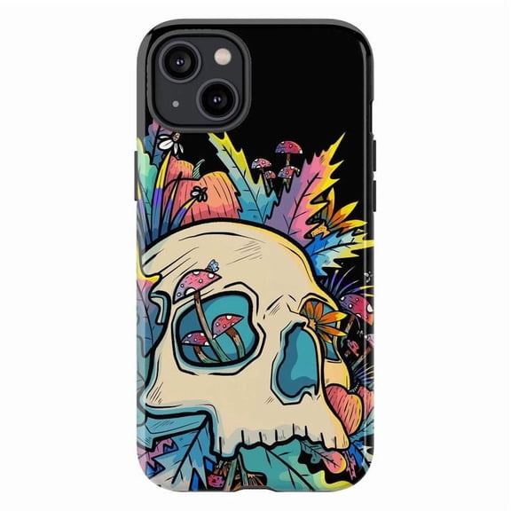 Psychedelic Skull & Mushroom Phone Case, Trippy Colorful Aesthetic Protective Cover for iPhone 16 15 14 13 12 11 Pro Max Plus Mini