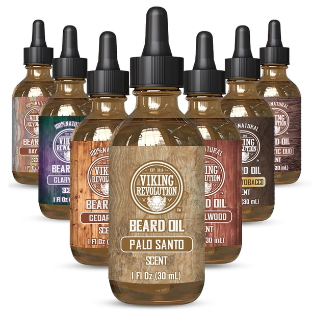 Viking Revolution Palo Santo Aceite para barba para hombres - Aceite natural para barba para hombres con aceite de argán y aceite de jojoba - Suavizante de barba fortalece e hidrata - Acondicionador d