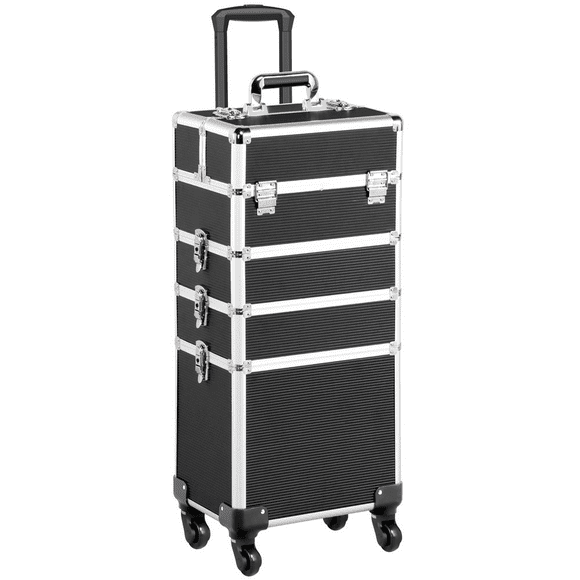 Yaheetech Aluminum Rolling Cosmetic Makeup Train Cases Trolley Professional Artist Organizer Box Kit, Black