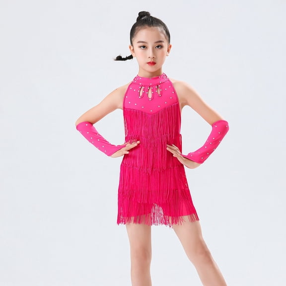 KAUOD Girls Latin Dance Jumpsuit Dress with Pearl Sleeve Sequins Tassel Solid Latin Dresses Cute Breathable Smocked Skirts