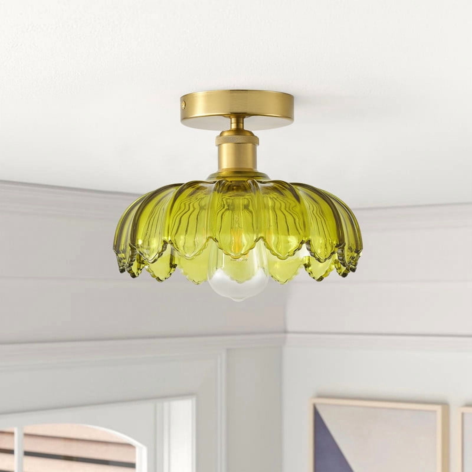 Boho Semi Flush Mount Ceiling Light with Green Glass Shade - Retro Petal Shade Close to Ceiling Light for Hallway,,Living Room & Balcony (9.84")