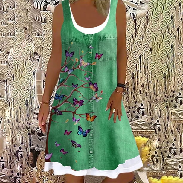 Women's A-Line Dress Sleeveless Spring Summer Casual Patchwork Print Knee Length Dress Fashion 3D Printing Denim Print DressXL Gao Jinjia LED
