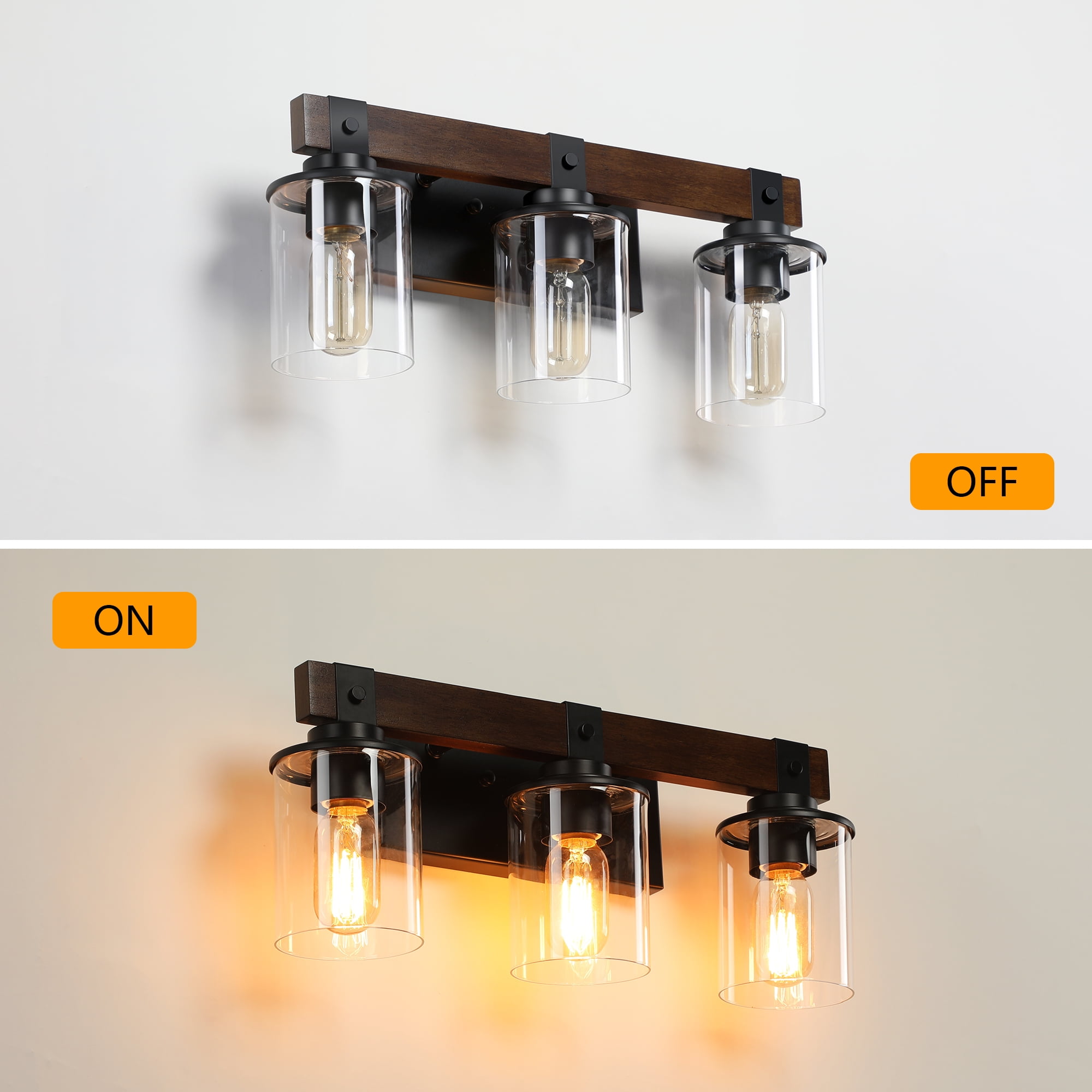 GCGAFUL Farmhouse Bathroom Vanity Light, 18.5 Inch 3-Light Black and Walnut Wall Sconce with Clear Glass Shades, Dimmable E26 Base